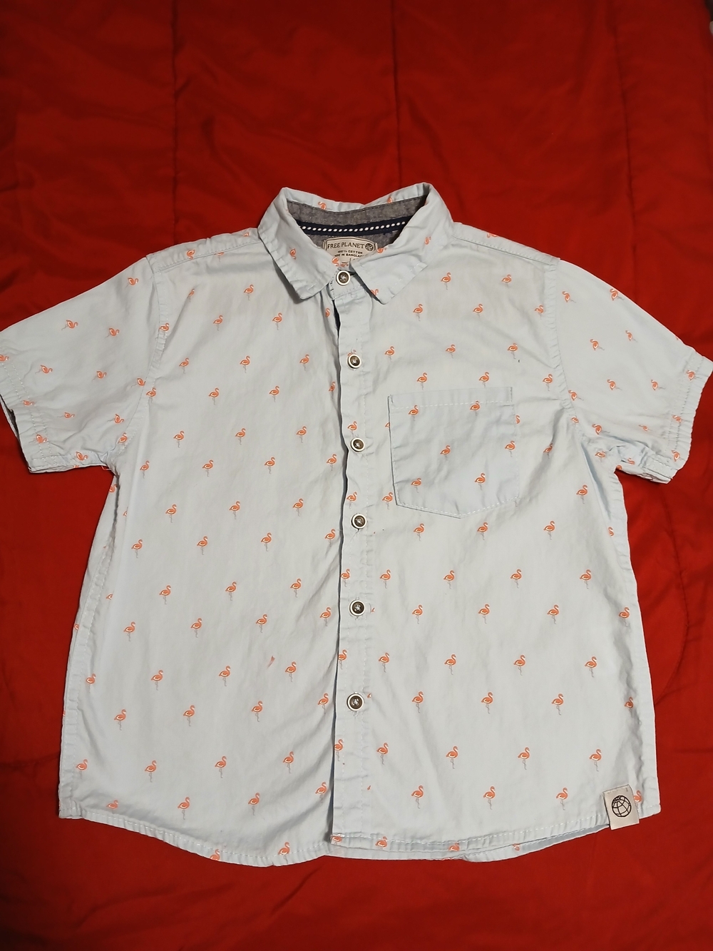 Free Planet Light Blue Short-Sleeve Button-Up Shirt with Orange Flamingo Print
